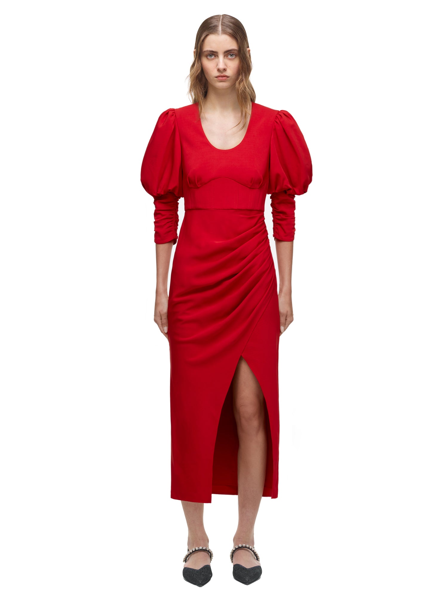 Red Stretch Crepe Midi Dress | self ...